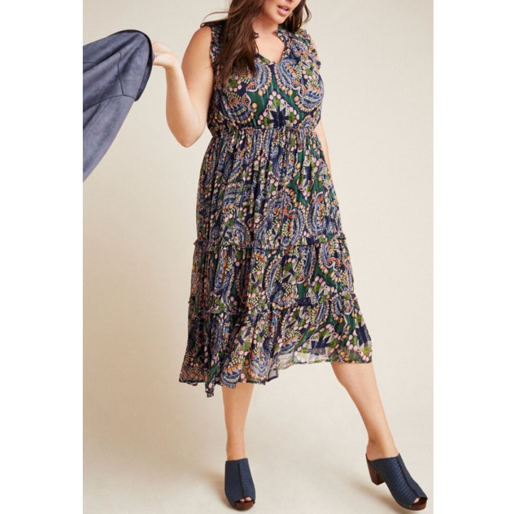 Anthropologie Green Paisley Midi Dress with Navy & Pink Accents